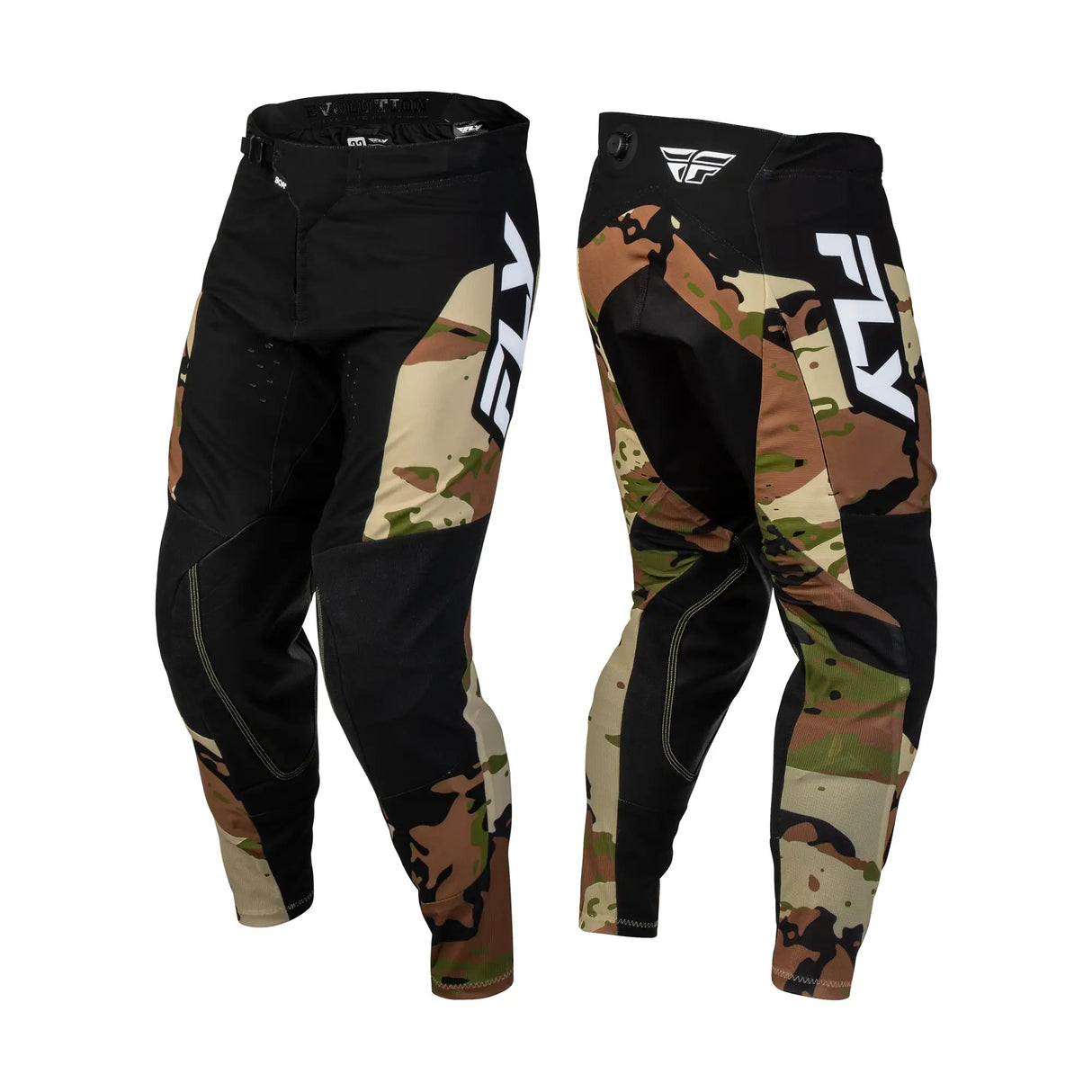 Pair of black and camo hunting pants with multicolor side panels and logo details