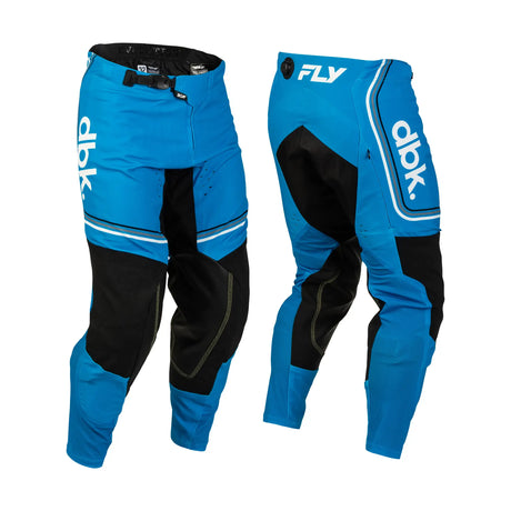 Blue and black motocross pants, side and back views, white stripe logo accents