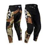 Black hunting pants with tan and green camo graphic panels, button and zip closure