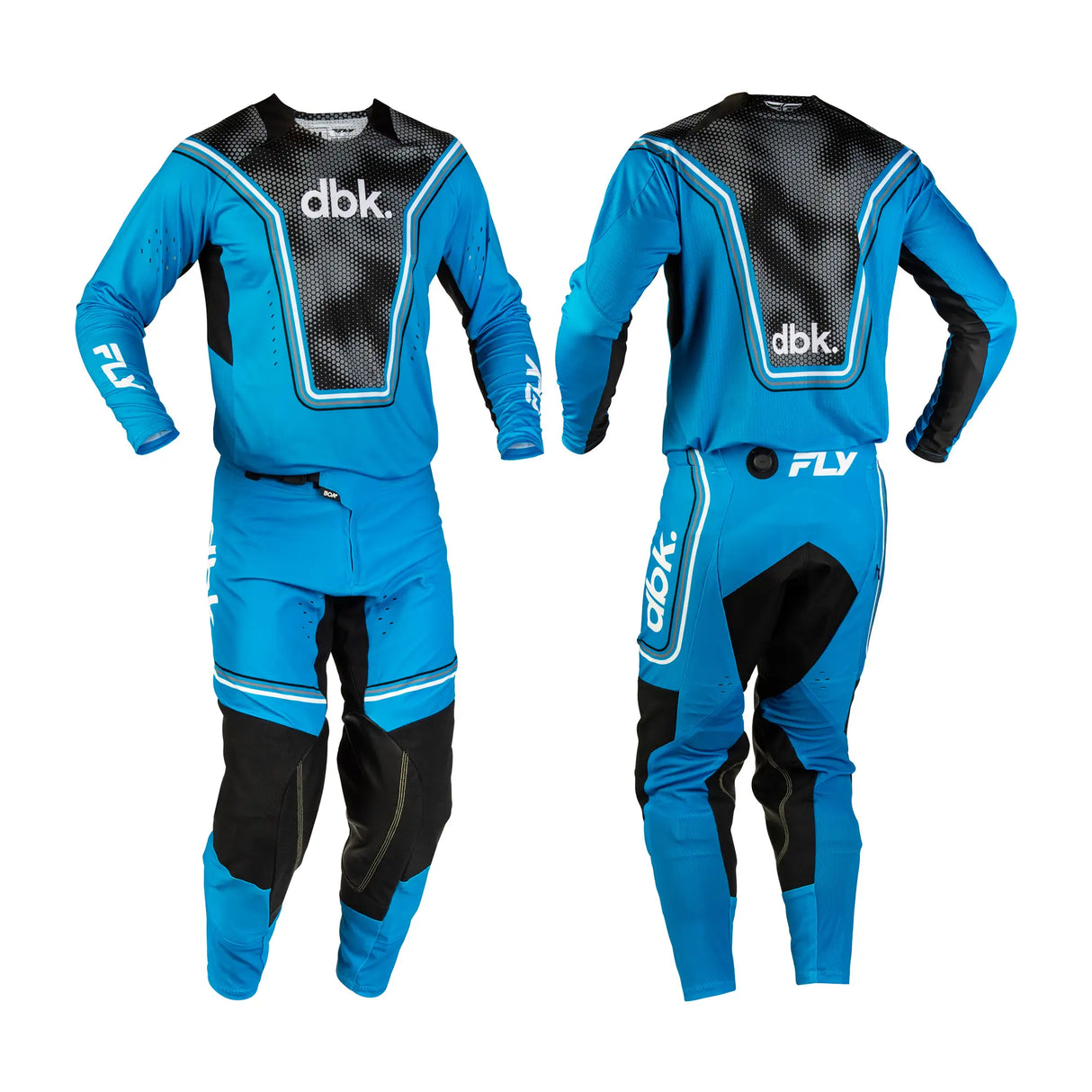 Blue and black motocross pants with 'dbk' logo and padded knee/leg panels
