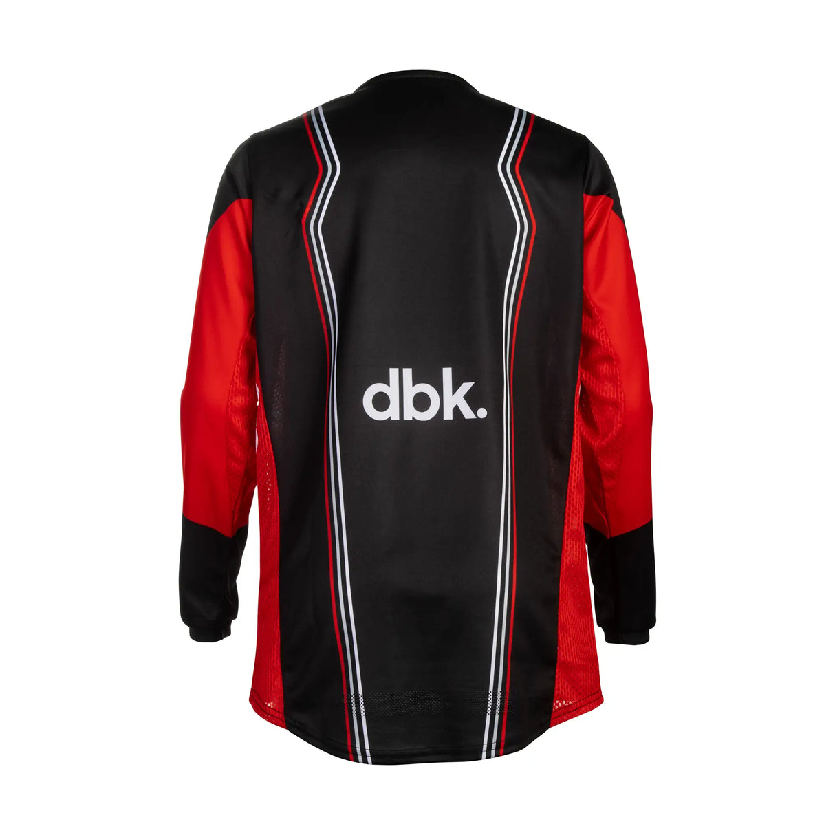 Youth motocross jersey, black with red sleeves, dbk. logo on back, long sleeves