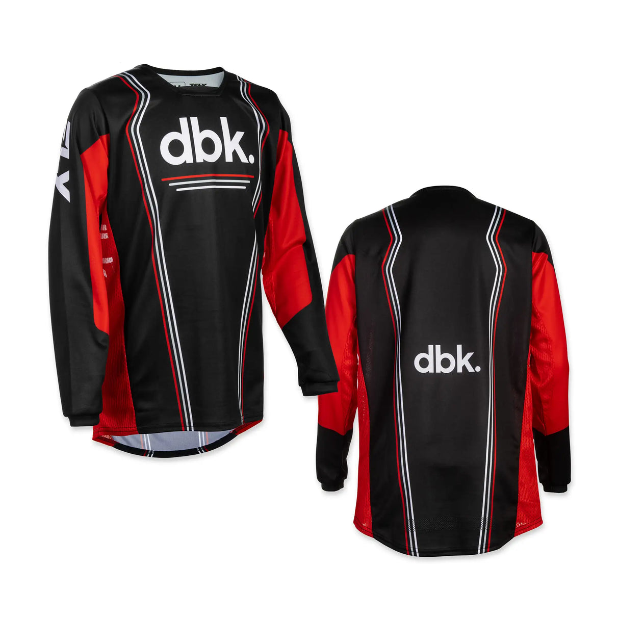 Youth motocross jersey, black/red with dbk. logo, front and back views