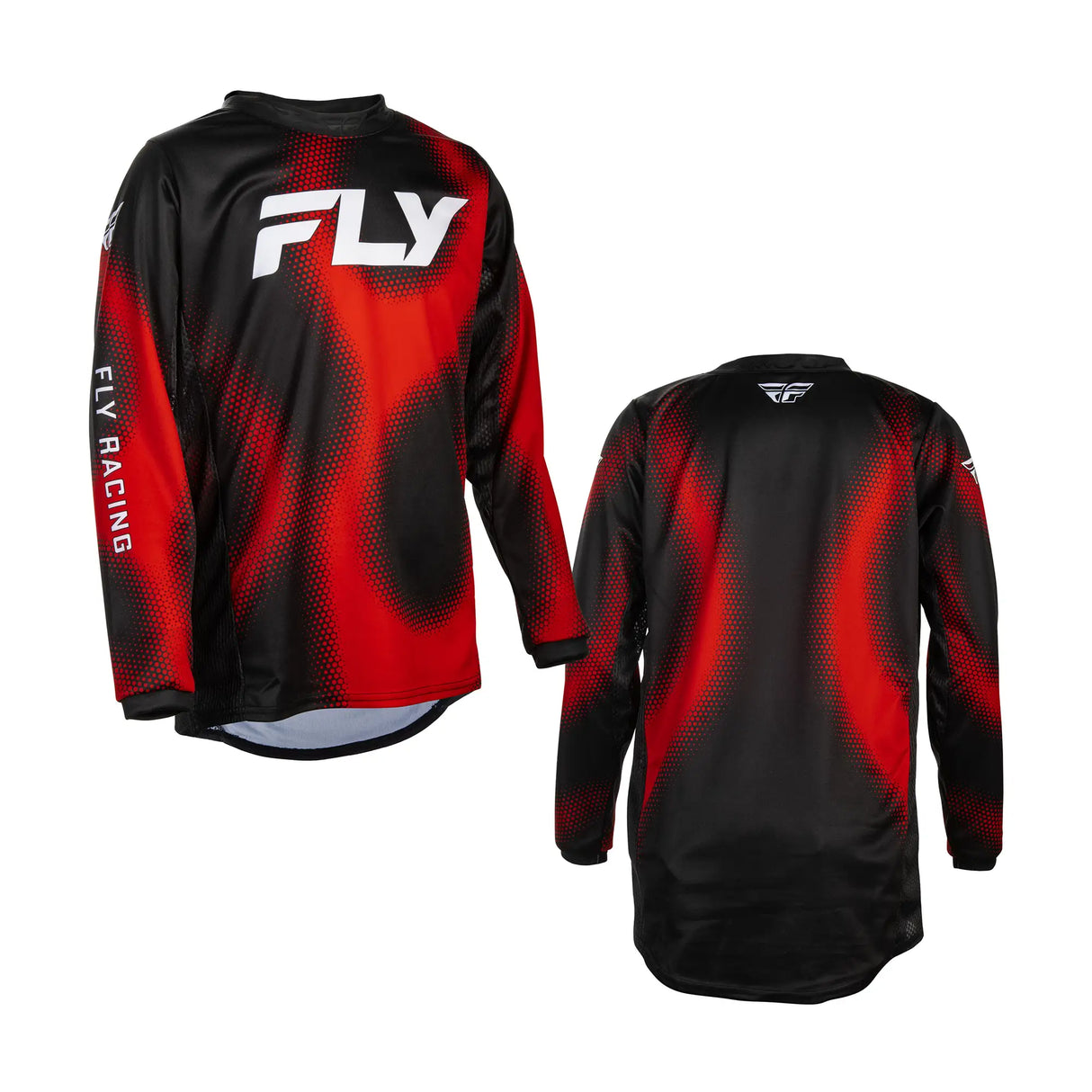 Youth motocross jersey with black and red graphic pattern; long sleeves
