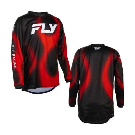 Youth motocross jersey with black and red graphic pattern; long sleeves