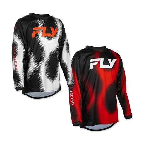 Youth motocross jersey with black, white, and orange graphics; long sleeves
