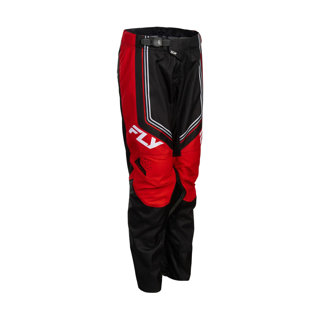 Youth kinetic riding pant in black and red with striped panels and logo accents