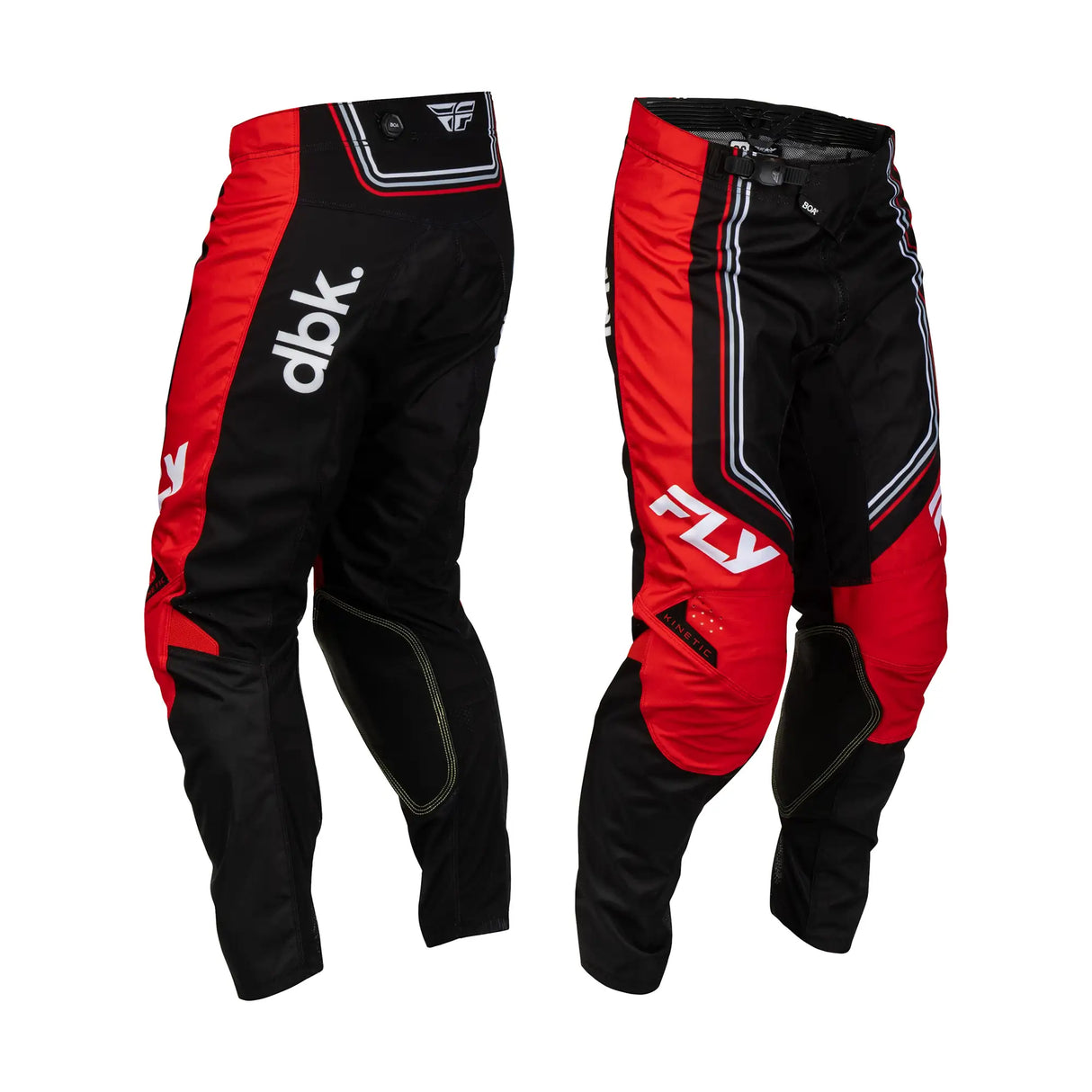 Kinetic pant in red and black with dbk branding, contrast panels, and knee detail