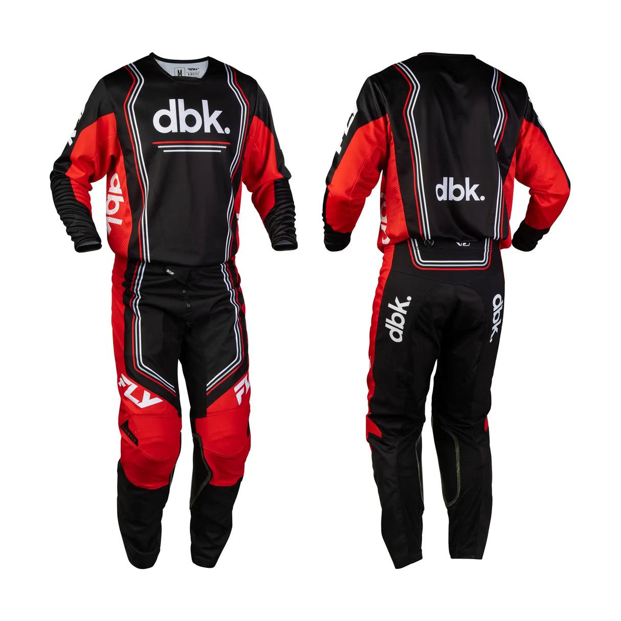 Kinetic DBK racing kit, black and red jersey and pants with dbk logos and trim