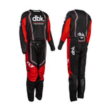 Youth motocross jersey and pants set, black/red with dbk. logo, full length