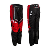 Youth riding pant with black-and-red colorblocking, side stripe, and dbk branding