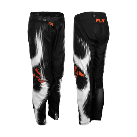 Youth motocross pants in black with white panel graphics and small orange logo
