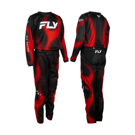Youth motocross jersey and pants set with black-and-red graphic print