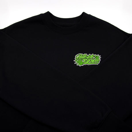 Schwarzes Sweatshirt mit grünem Hillside Burners Logo auf der Brust, Detailansicht