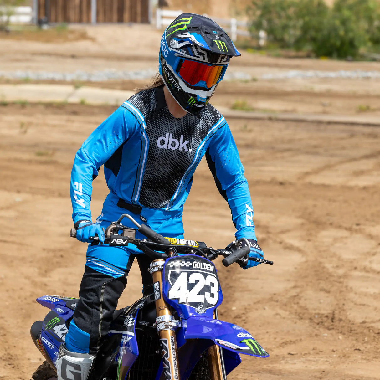 Blue motorcycle gloves with black accents and printed logo on the back of the hand