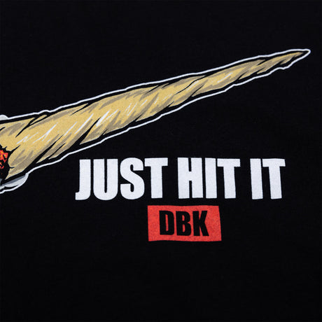 Black T-shirt close-up of 'JUST HIT IT' text and red 'DBK' label
