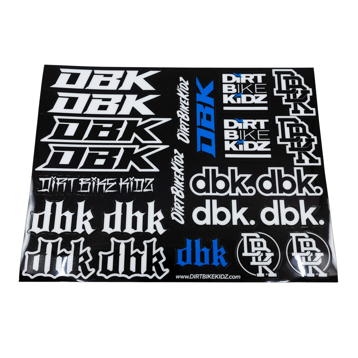 Sticker sheet featuring dbk and Dirt Bike Kidz logos in white on black