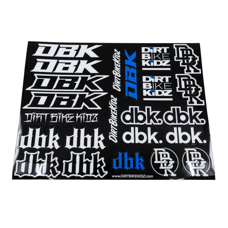 Sticker sheet featuring dbk and Dirt Bike Kidz logos in white on black