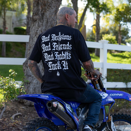 Black T-shirt with large back text design: Bad Decisions, Bad Friends, Bad Fwds