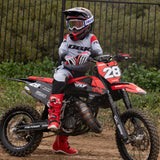 Youth motocross jersey, light gray with red accents and dark gradient black lower half
