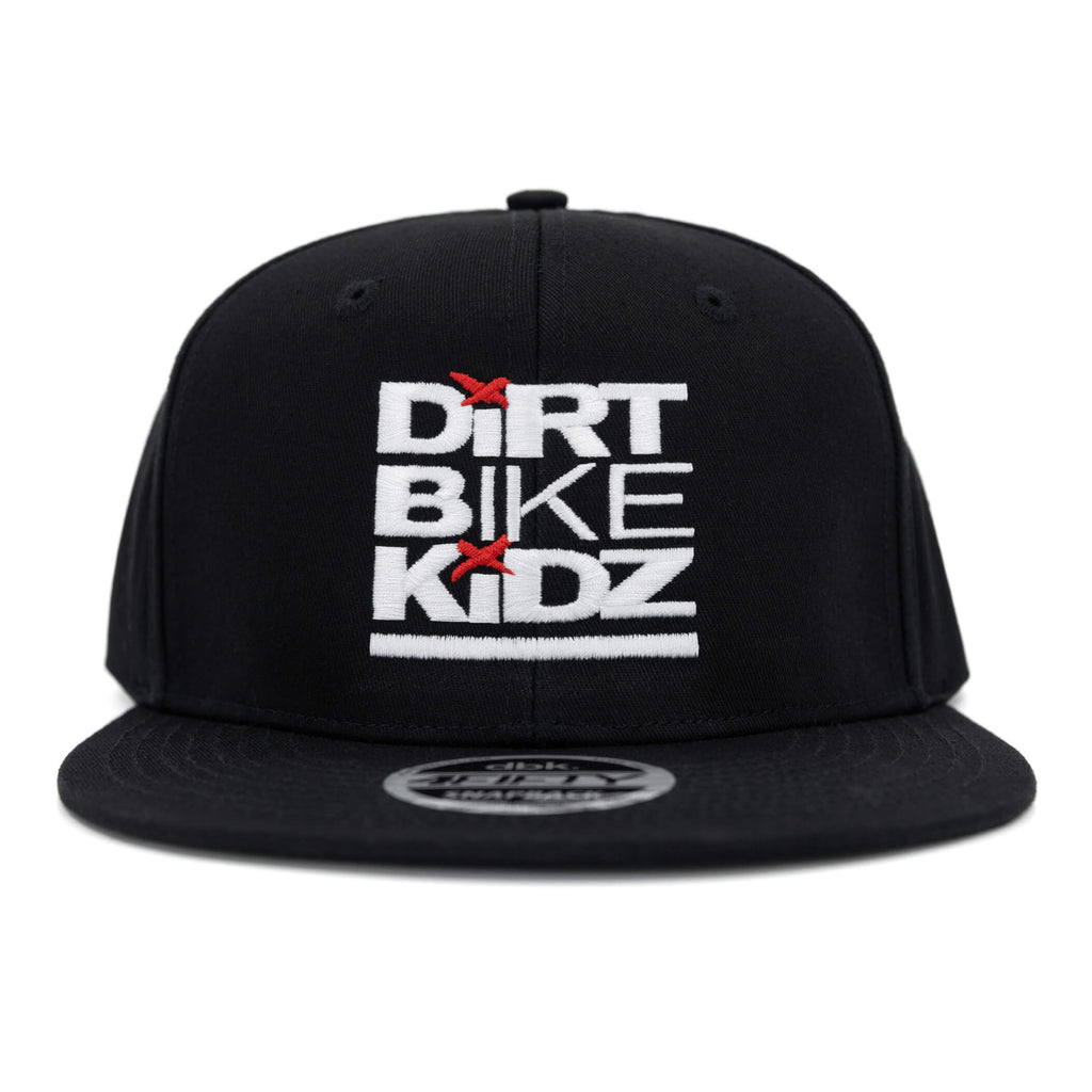Black snapback hat with Dirt Bike Kidz logo patch on front.