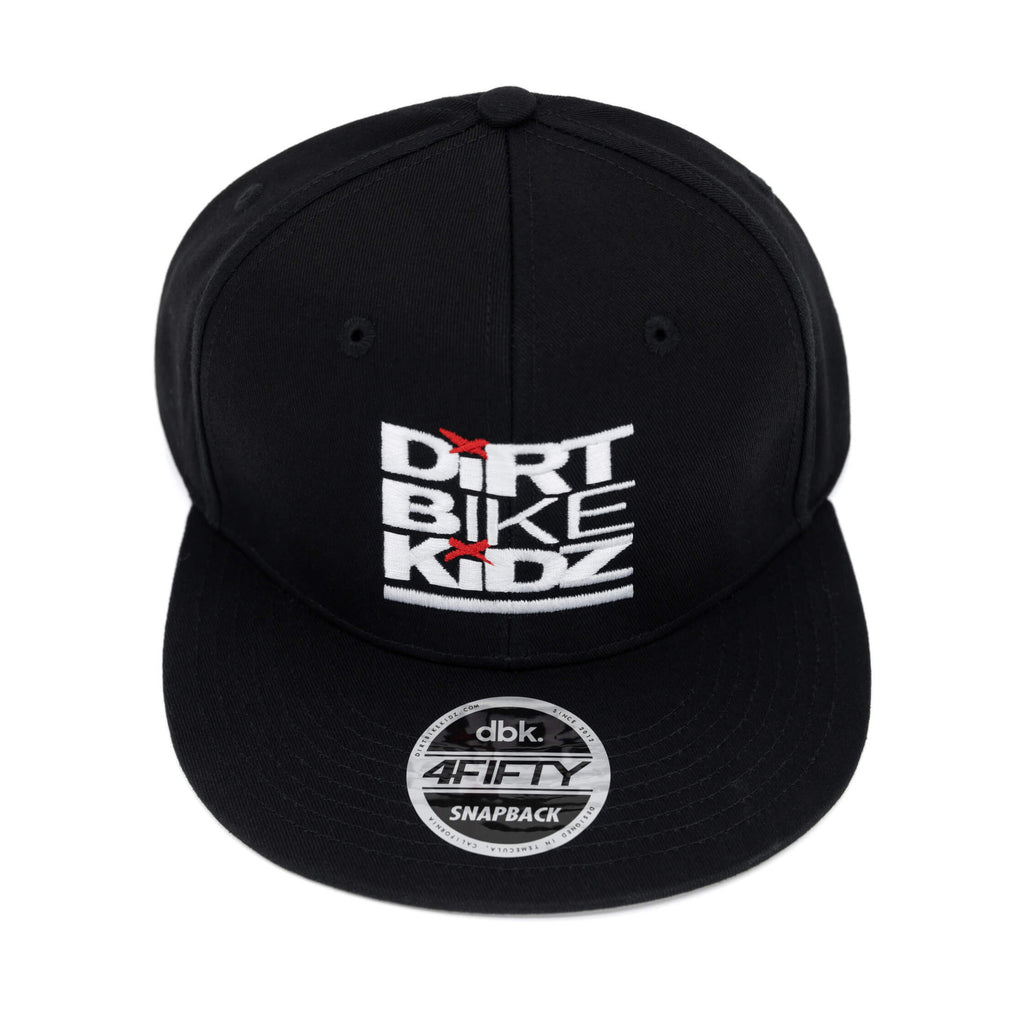 Black snapback hat with Dirt Bike Kidz front logo and dbk 4Fifty badge.