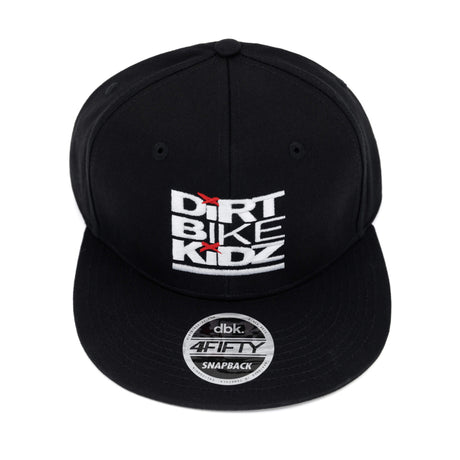 Black snapback hat with Dirt Bike Kidz front logo and dbk 4Fifty badge.
