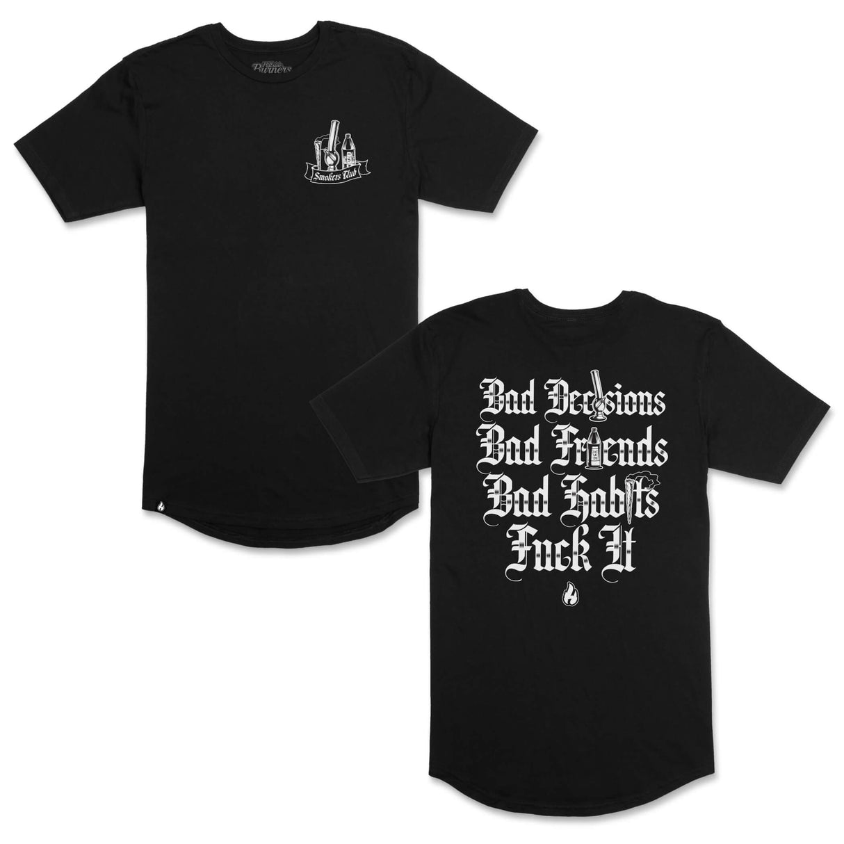 Two black graphic T-shirts: small chest logo and large front slogan, crew neck