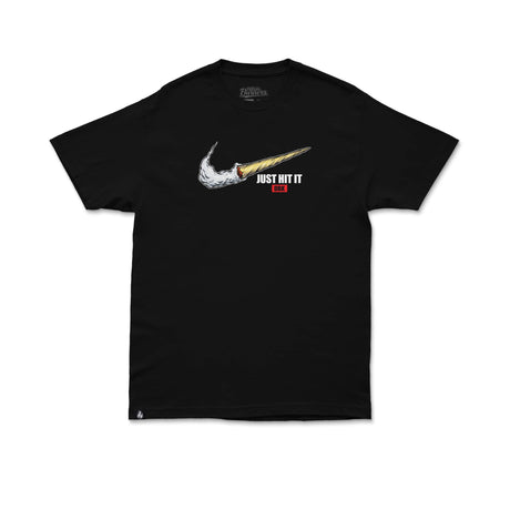 Black crew-neck T-shirt with 'JUST HIT IT' front graphic in white and red