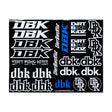 Sticker sheet with white and blue Dirt Bike Kidz-style logos on a black sheet