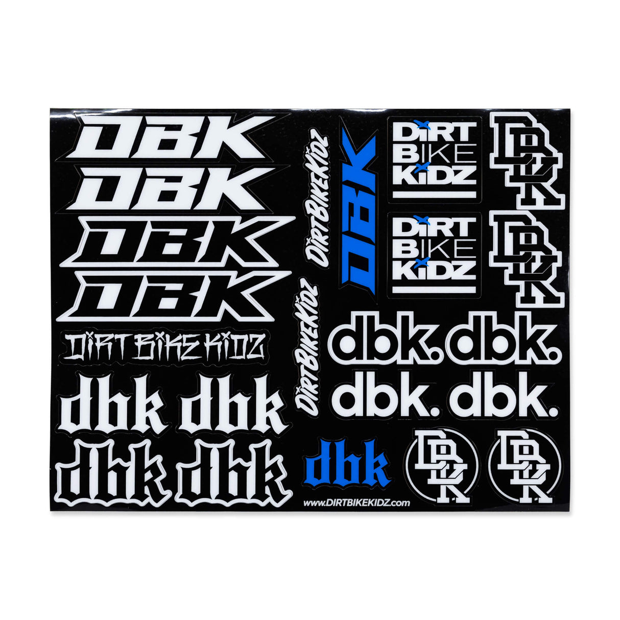 Sticker sheet with white and blue Dirt Bike Kidz-style logos on a black sheet