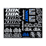 Sticker sheet with white and blue Dirt Bike Kidz-style logos on a black sheet