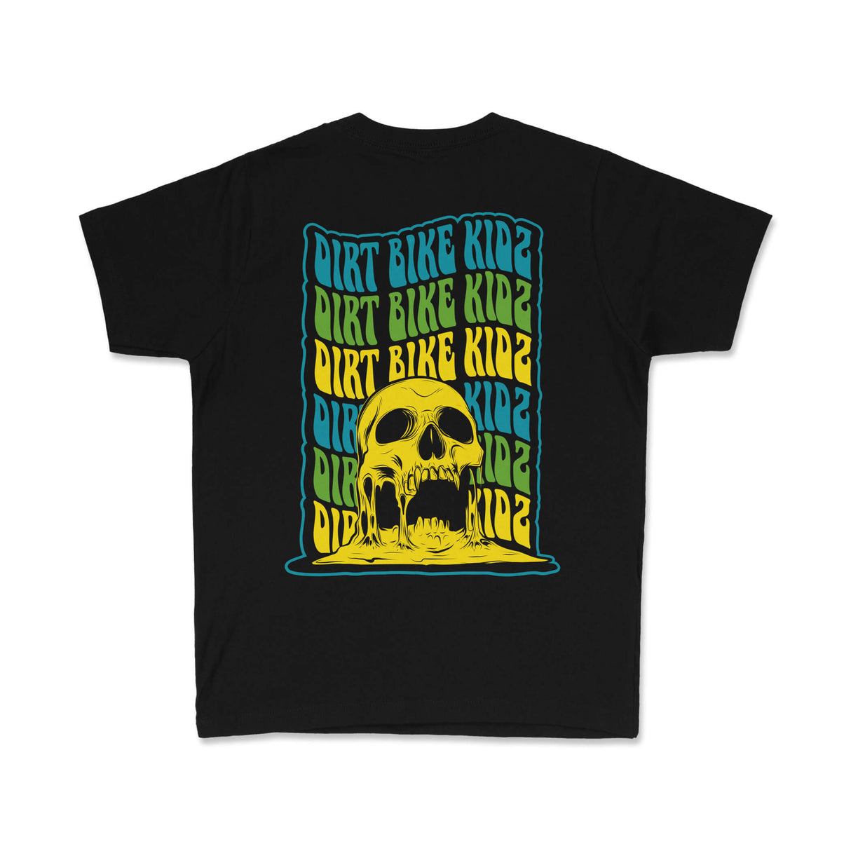 Youth black premium T-shirt, back graphic of yellow skull with 'Dirt Bike Kidz' text