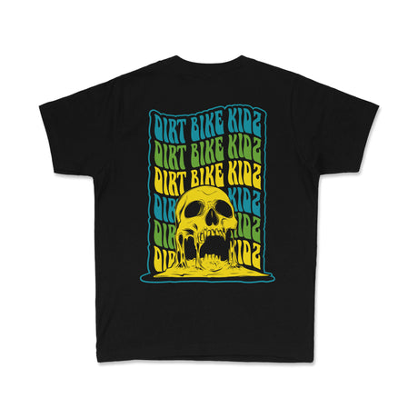 Youth black premium T-shirt, back graphic of yellow skull with 'Dirt Bike Kidz' text