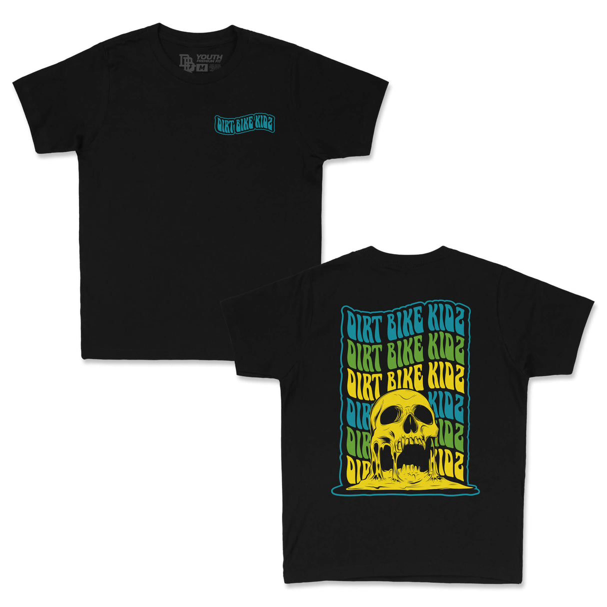 Youth black premium T-shirts: front small 'Dirt Bike Kidz' logo and full skull back art
