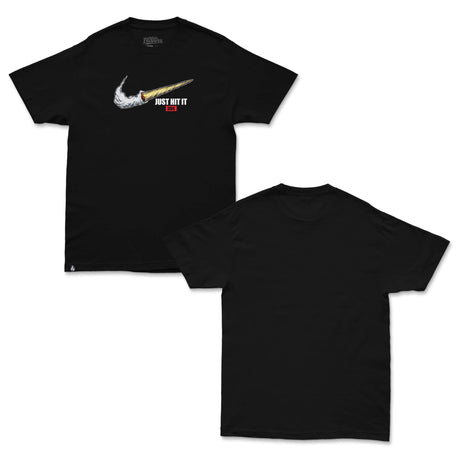 Black T-shirt front and back views with 'JUST HIT IT DBK' chest graphic