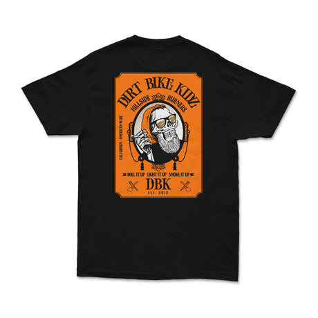 Black T-shirt with large orange back graphic showing skull rider and DBK branding