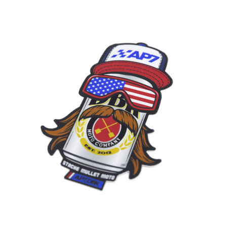 Sticker with AP7 cap and American flag goggles, gold laurel crest and mustache graphic