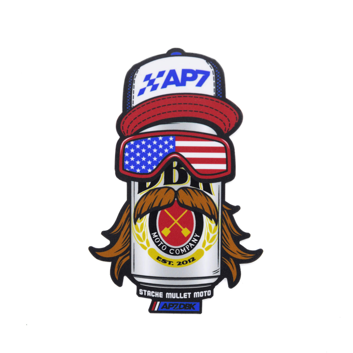 Sticker with AP7 cap, American flag goggles, gold laurel badge, and mustache-mullet text