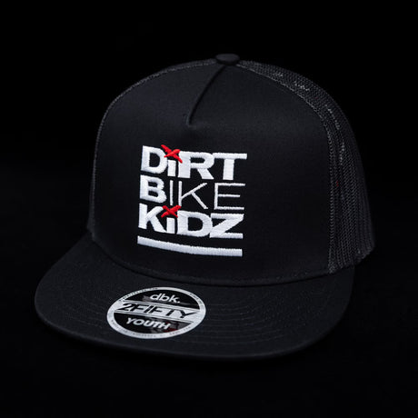 Black youth cap with front embroidered 'Dirt Bike Kidz' logo and adjustable snapback
