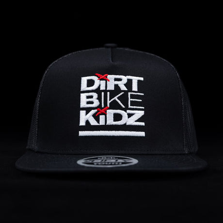 Black youth trucker cap with embroidered 'Dirt Bike Kidz' logo and curved brim