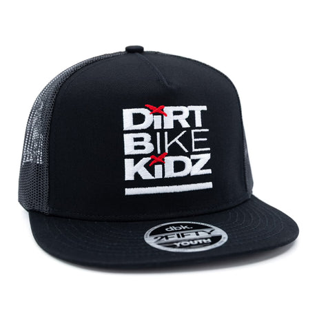 Youth classic black snapback cap with mesh sides and 'Dirt Bike Kidz' logo