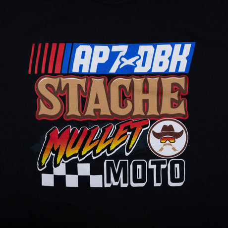 Black womens graphic T-shirt front close-up with Stache Mullet Moto print