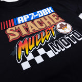 Youth T-shirt in black with colorful 'Stache Mullet Moto' front graphic design