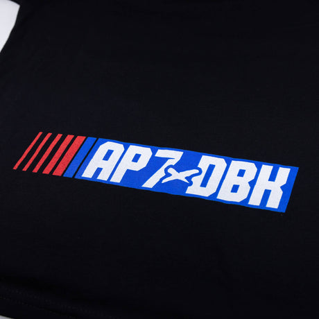 Youth T-shirt in black with 'AP7-DBK' logo graphic stripe on the chest
