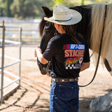 Black T-shirt with back graphic and checkered 'Stache Muff' lettering
