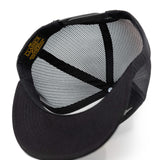 Black mesh trucker hat interior with contrast fabric panels and adjustable strap