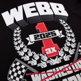 Black youth tee with WEBB 2025 1 and 3x champion logo details