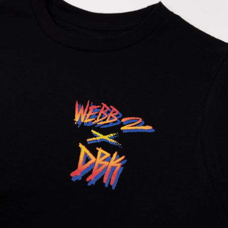 Youth premium black tee with large centered WebB2 multicolor graphic