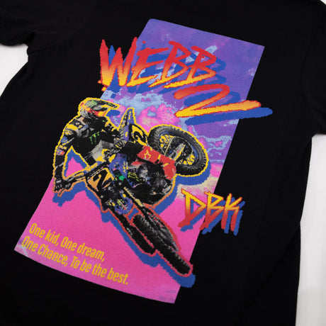 Youth premium black tee with large purple BMX-style rider graphic panel