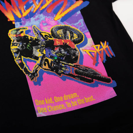 Youth premium black tee with purple BMX rider graphic and slogan text
